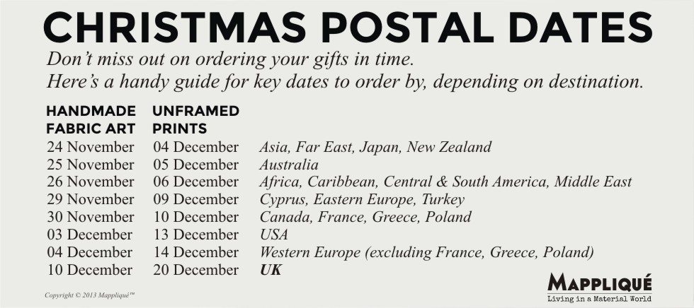 Christmas Postal Dates - Mappliqué - www.mapplique.com -  Don’t miss out on ordering your gifts in time. Here’s a handy guide for key dates to order by, depending on destination.